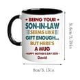 thumbnail image 3 of Taza de café personalizada - Cita divertida de ser tu yerno, nombre y año personalizados, taza cerámica de 11 oz, apta para lavavajillas en microondas, idea de regalo única, 3 of 7