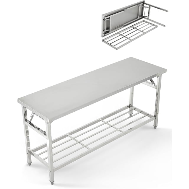 72 In x24 In Commercial Stainless Steel Folding Table with Bottom Shelf - Portable Kitchen Island Workstation for Restaurants Catering and Home Use