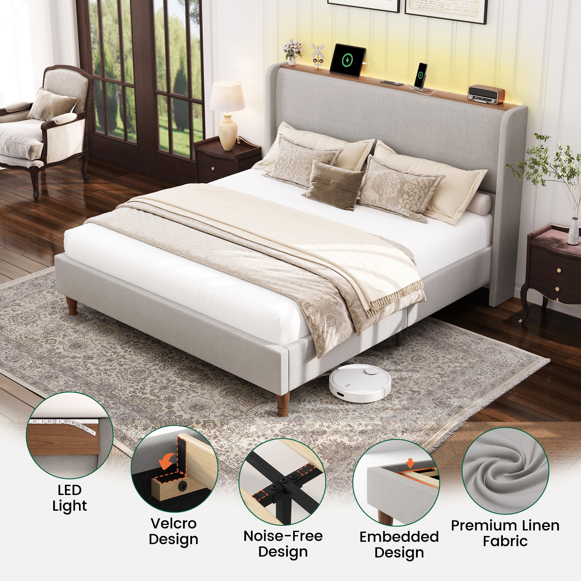 Breltam Upholstered Platform Bed with Wingback Headboard, Queen Size Bed with LED Lights and Charging Station, Light Gray