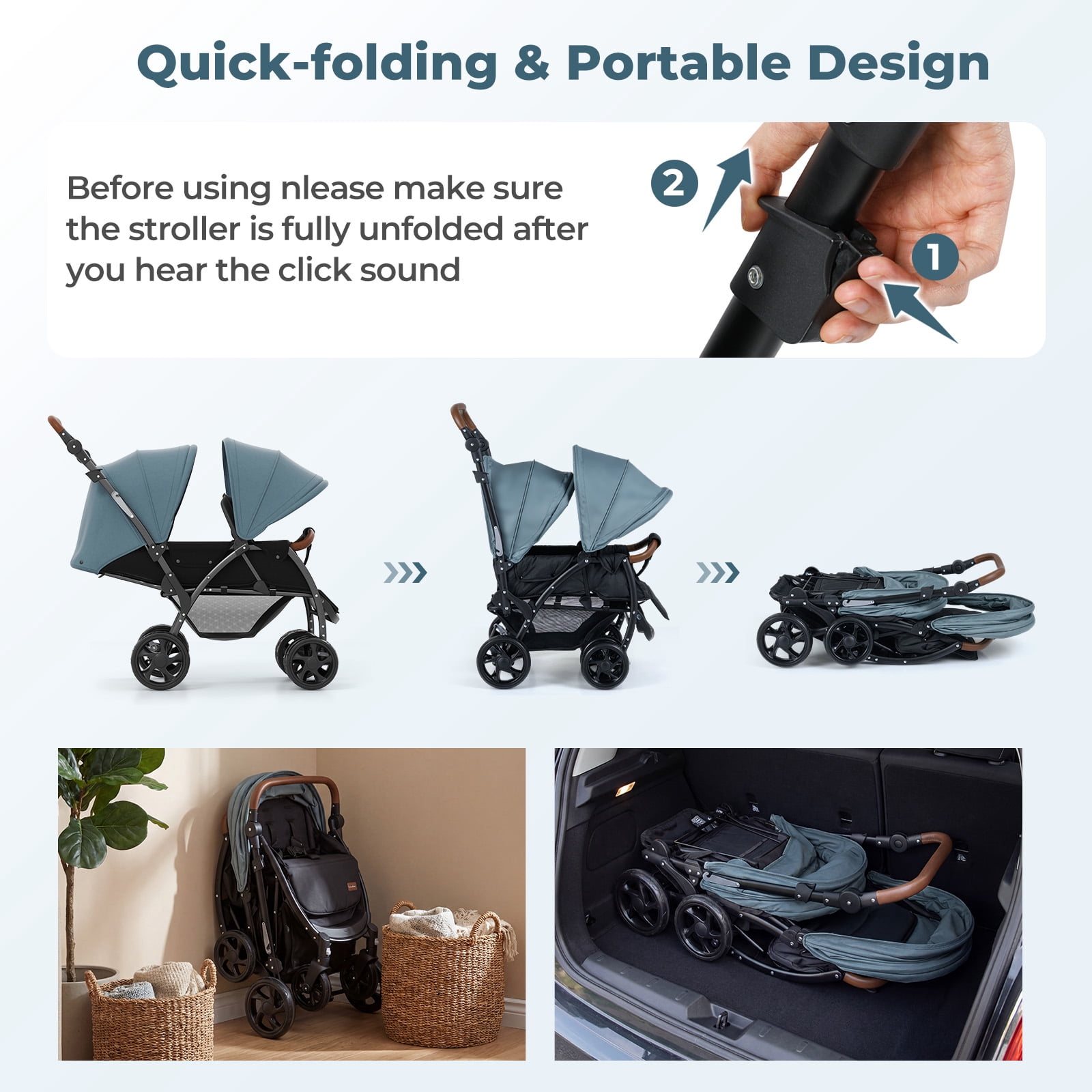 INFANS Double Stroller, Foldable Baby Tandem Stroller with Djustable Backrest Canopy Footrest, 5-Point Harness, Storage Basket, Convertible Compact Lightweight Twin Stroller for Infants and Toddlers