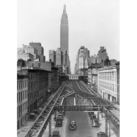 View of Empire State Building Beyond Elevated Train Tracks Print Wall