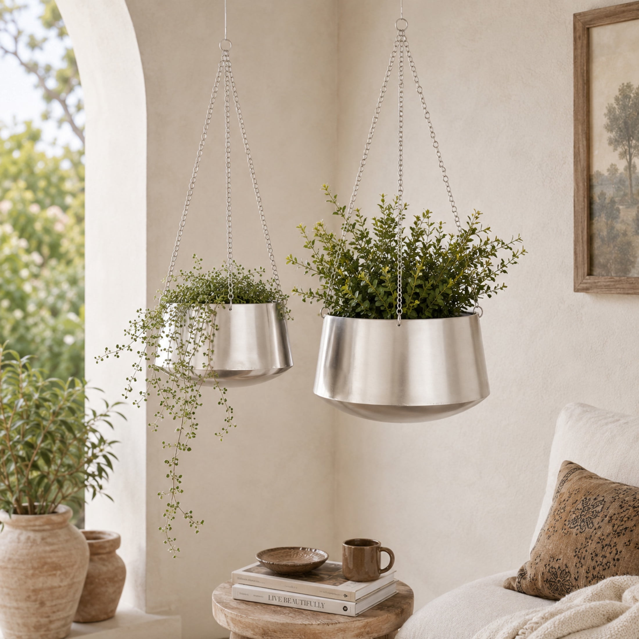 DecMode 5", 7"H Round Silver Metal Hanging Dome Wall Planter with Chain (2 Count)