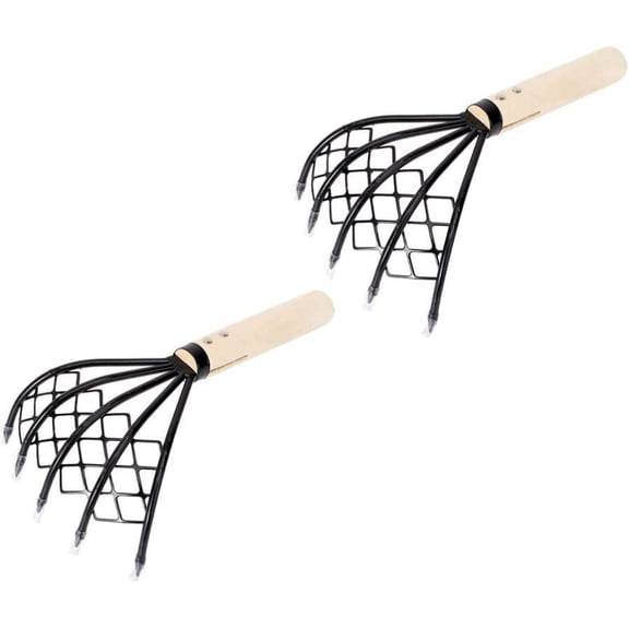 ABPETE Clam Rake for Clamming 2Pcs Claw Rake with Mesh Net Clam Seafood Digging Rake Wooden Handle Clam Scraper Tool for Beach