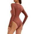 thumbnail image 3 of INSPIRE CHIC Women's Long Sleeve Bodysuit Slim Fit Square Neck Tummy Control Brief Leotard M Brown, 3 of 5