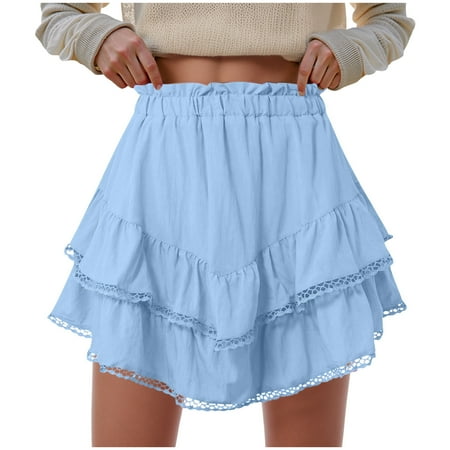 TTUHYWXI Flowy Shorts for Women Casual Boho Ruffle Tiered Skorts High Waist Mini Skirts Golf Tennis Crochet Shorts (Sky Blue XL)