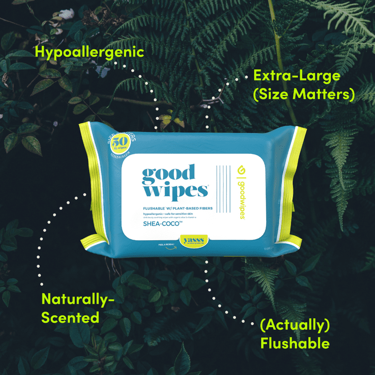 Goodwipes Flushable Butt Wipes, Plant Based, Shea-Coco Scented, 1 Pack, 50 Total XL Wipes