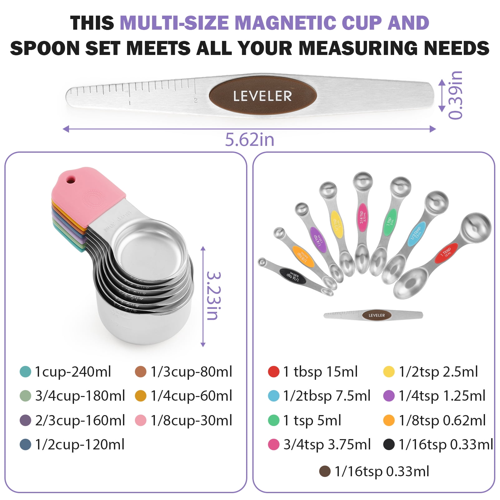 Lumikrypt 16 Piece Magnetic Measuring Cups and Spoons Set, Stainless Steel Nesting Metal Measuring Cups Set with Leveler for Dry and Liquid Ingredients, Kitchen Gadgets for Cooking & Baking