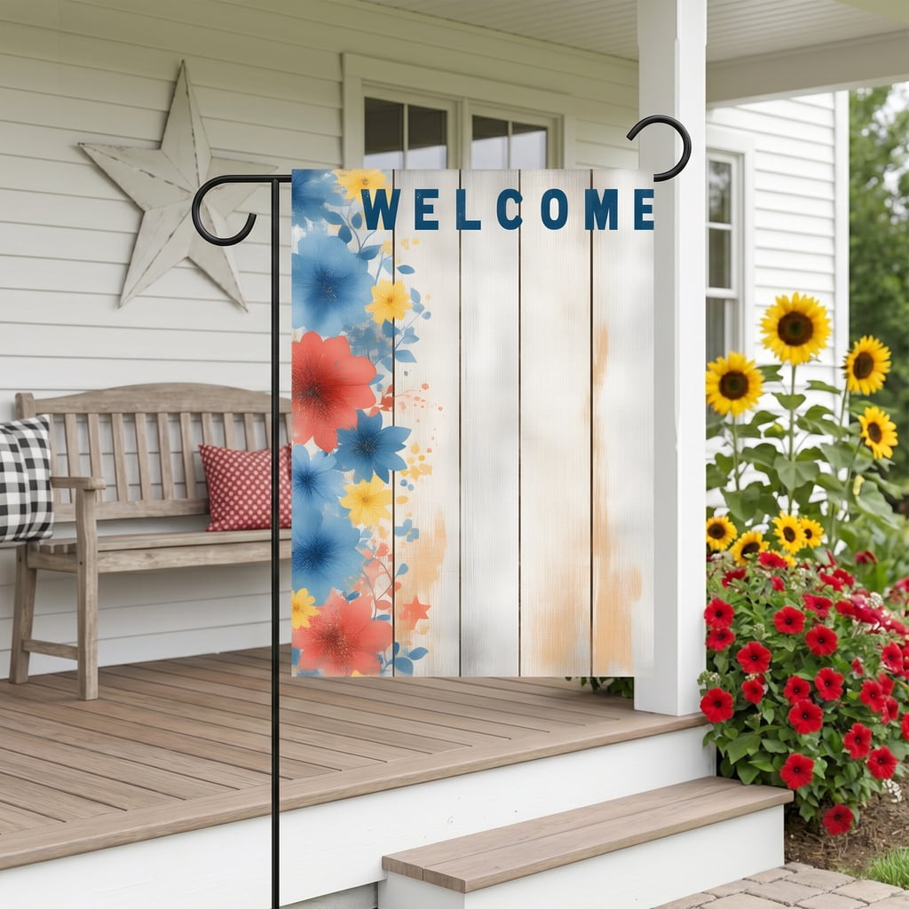 Americana Garden Flag - A Welcome Sign with Colorful Flowers on a Wooden Background - WELCOME AMERICA 28 x 40 Inch Classic Size for Outside