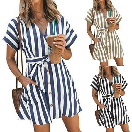 Womens Fashion Stripe Short Sleeve Wrap V-Neck Casual Summer Button Front Mini Short Shirt Dress with