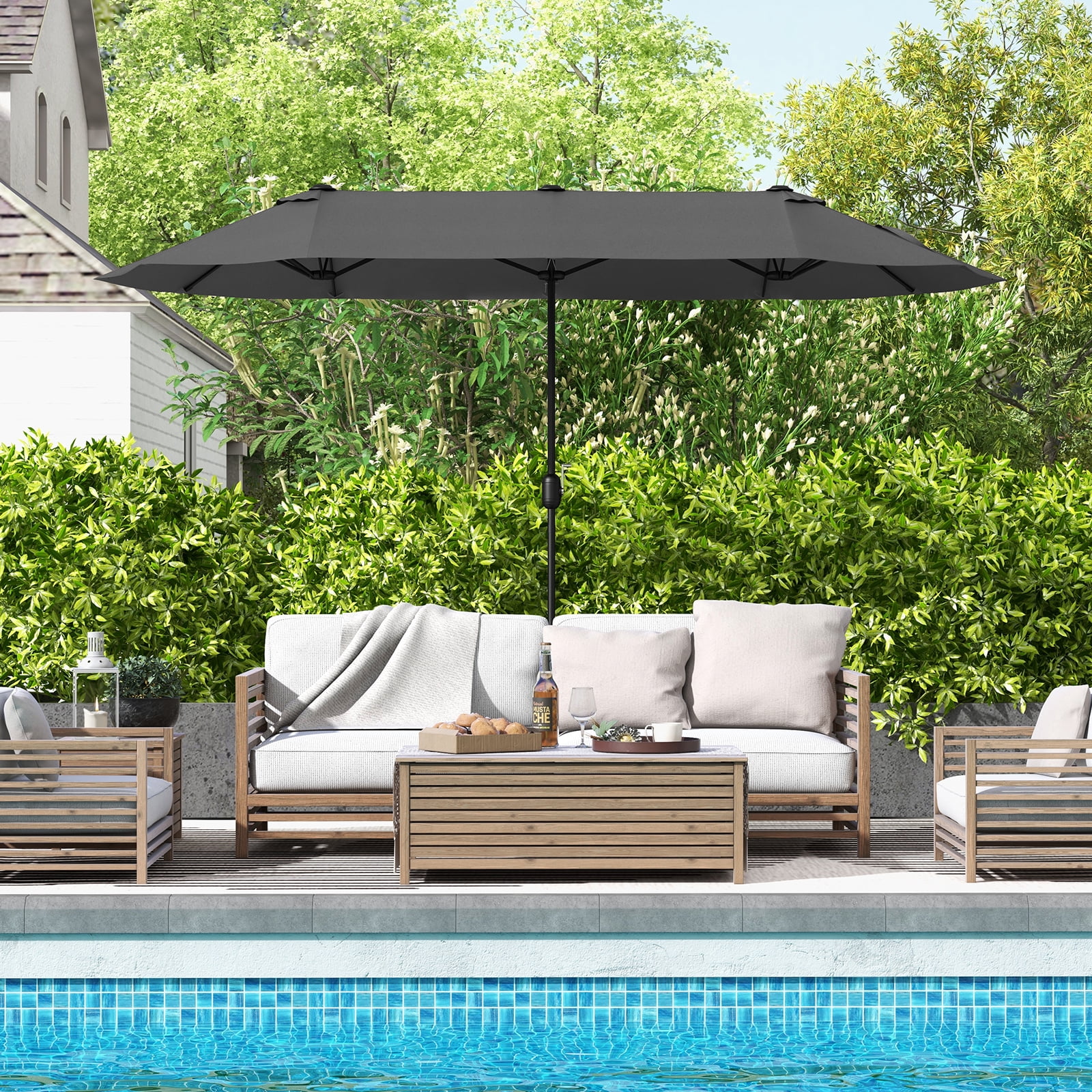 Gymax 13FT Double-sided Patio Umbrella w/ Crank Handle Umbrella Base Safety Lock Grey