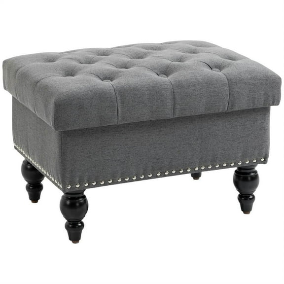 Demi Bonn 25" Storage Ottoman with Lift-Top Lid, Wooden Legs, Button Tufted Fabric Bench for Living Room, Gray