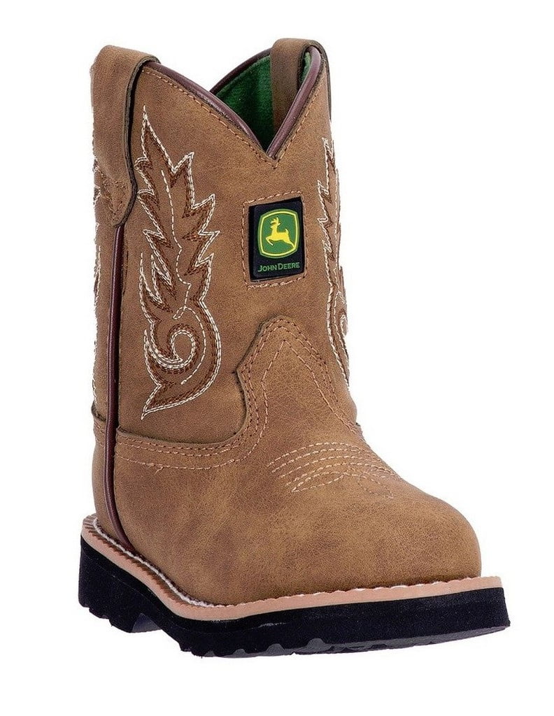 John Deere Western Boots Boys Kids Round Toe Leather Cement Tan JD1031