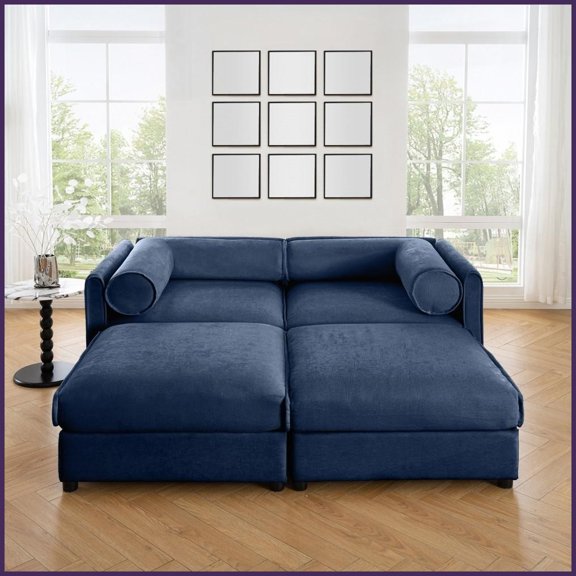 Modern Blue Chenille 2-Seater Loveseat with 2 Storage Ottomans - Ergonomic Cylindrical Support for Living Room