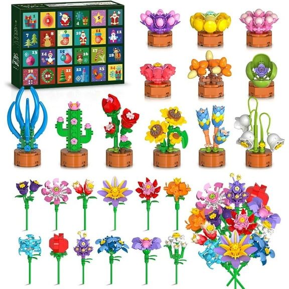 2025 Christmas Advent Calendar Flower 3.6 Mini Building Blocks Set, 24 Days Christmas Countdown Calendar Succulent Building Toys, Party Favors Stocking Stuffer Xmas for Kids Girls Boys (827PCS)