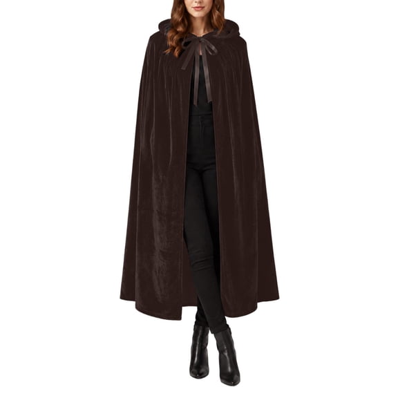 ZACPNCV Thick Velvet Medieval Cloak Cape for Women Solid Color Hooded Role Play Cloak Renaissance Full Length Lace-Up Velour Robe Coffee