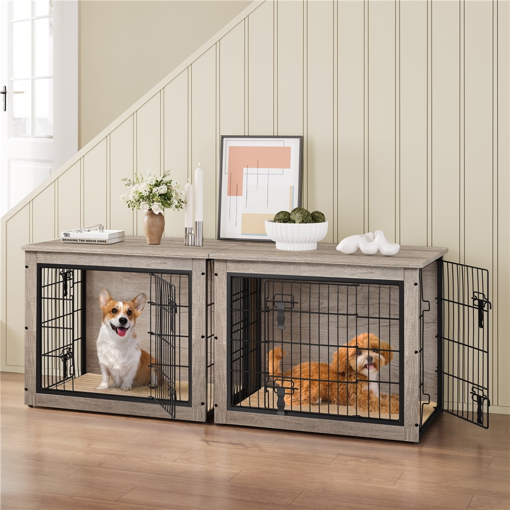 Yaheetech 31.7" W Rustic Wooden Dog Crate Furniture with Anti Skid Plush Mat, Gray