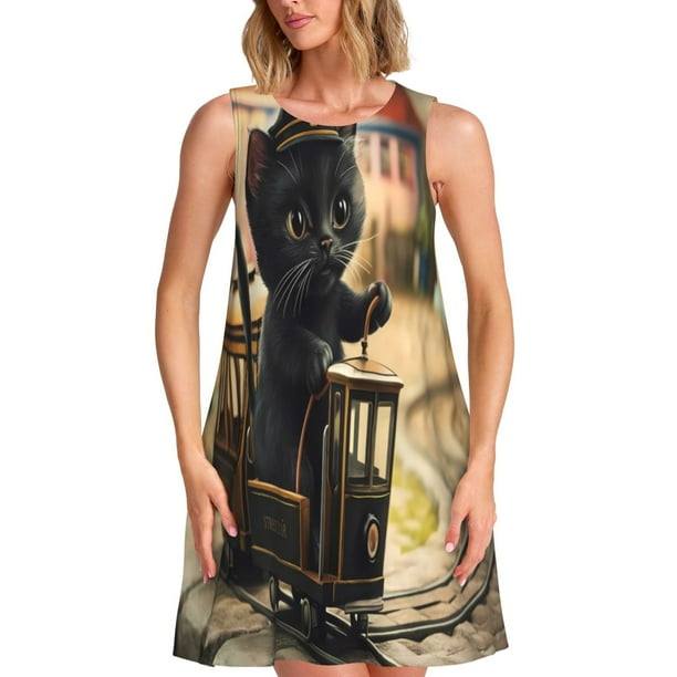Fotbe Adorable Kitten On Mini Train Vestido de Verano sin Mangas para Mujer – Vestido Midi Línea A, Estilo Camiseta Floral, Vestido Playero Casual y Fluido