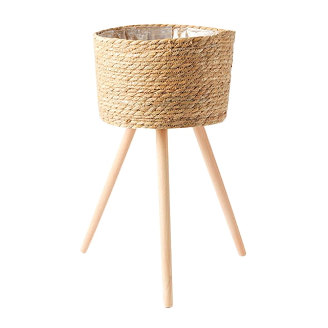 Cesta tejida para plantas, soporte de madera para macetas, soporte de madera para plantas, soporte para macetas