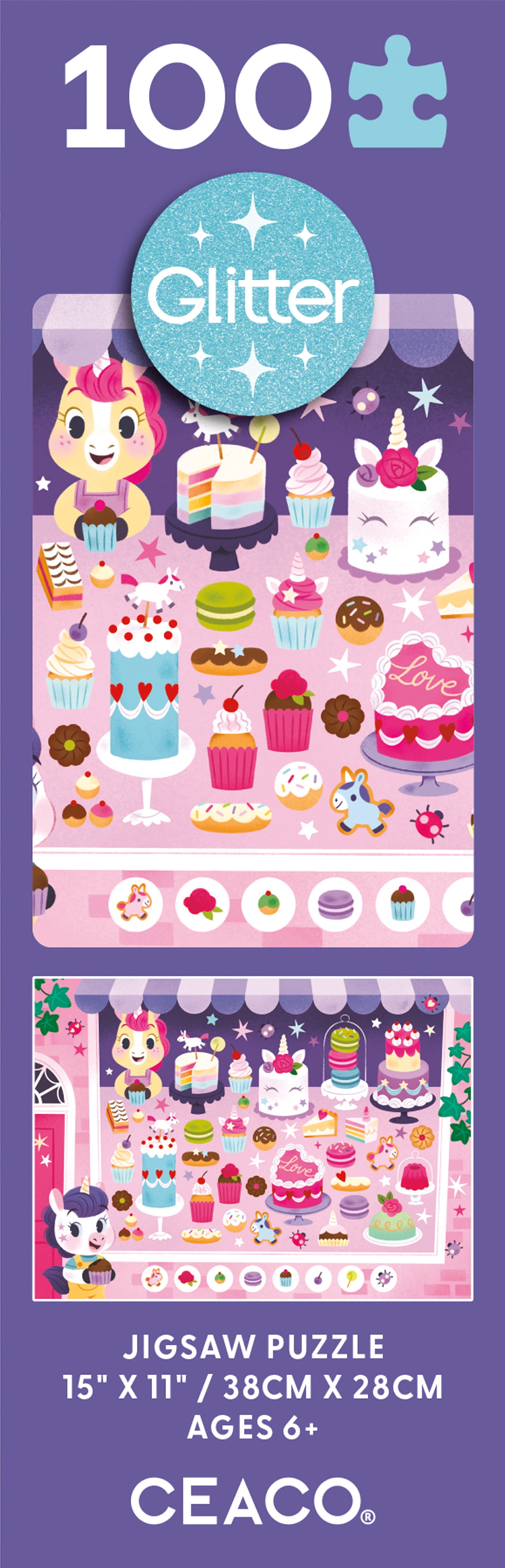Ceaco Kathrin Fehrl Bakery Seek and Find Glitter 100-Piece Interlocking Jigsaw Puzzle for Children Ages 6+
