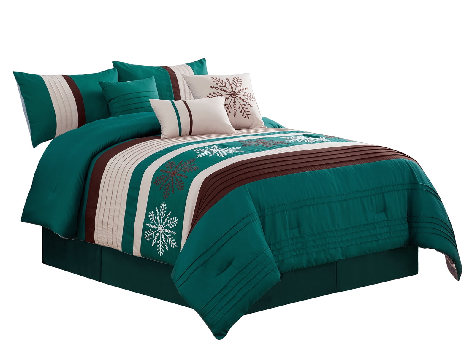 7Pc Winter Wonderland Snowflake Embroidery Pleated Comforter Set Teal