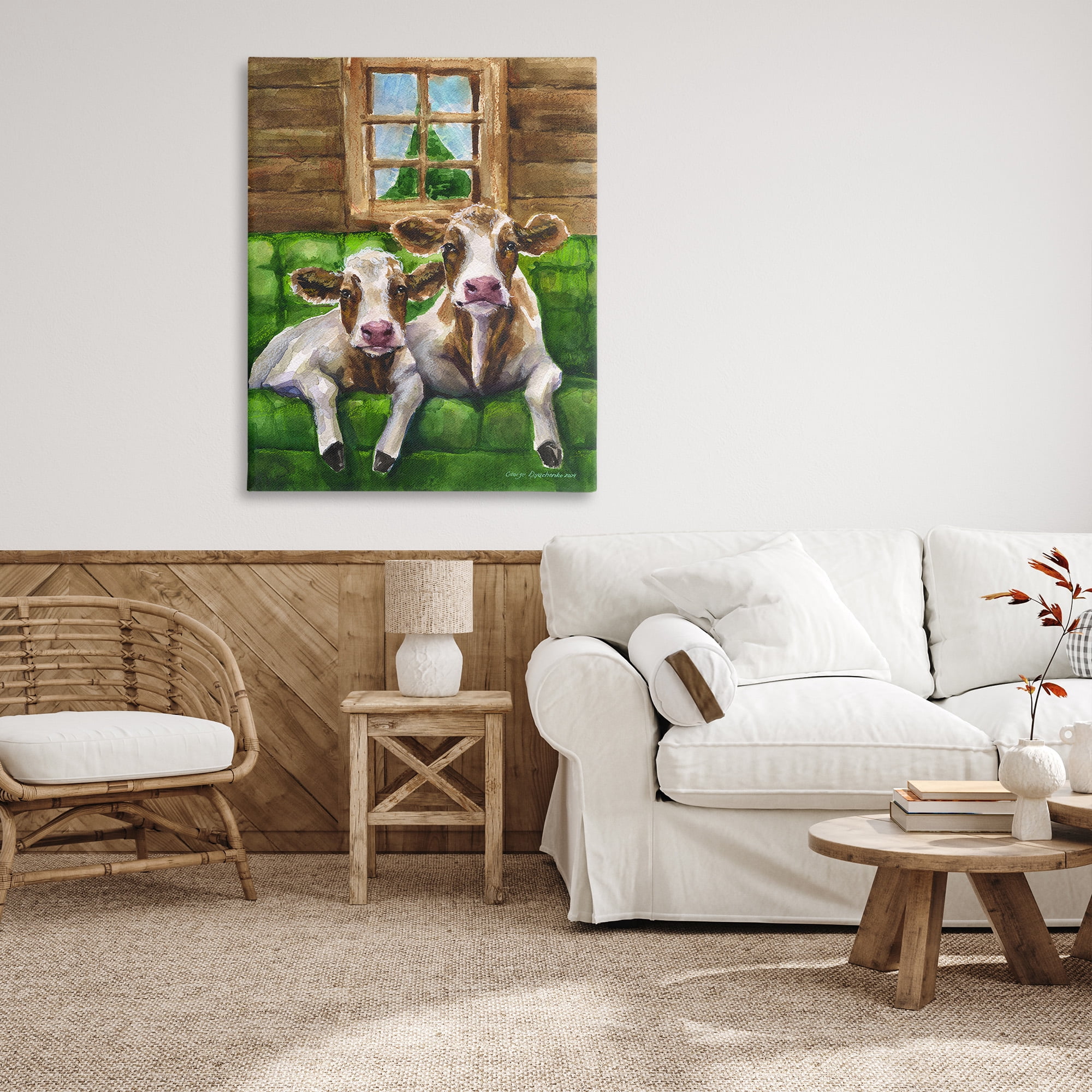 Stupell Industries Cows in Barn Cabin Animals & Insects Painting Gallery Wrapped Canvas Art Print Wall Art, 36 x 48