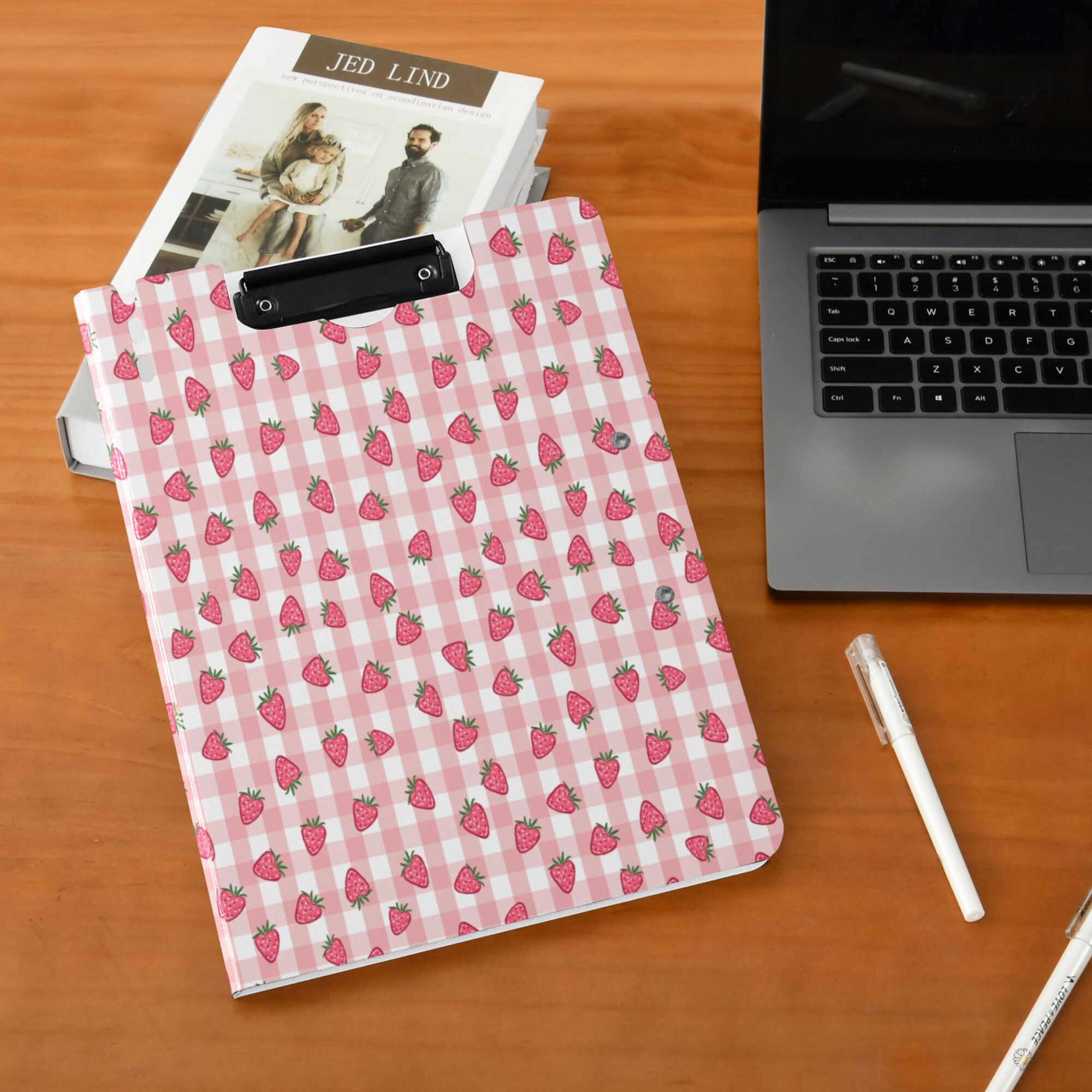 FORMRS A4 Clipboard Folder with Pen Holder Horizontal Foldable School Office Binder, Strawberry Plaid Pattern