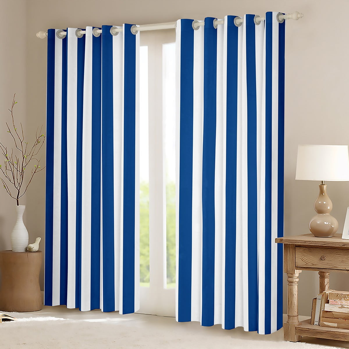 Feelyou Blue Abstract Teens Curtains Pack of 2 (42x84 Each), Modern Geometric Lines Curtains Blackout, Farmhouse Ticking Stripes Bedroom Curtains, Living Room Curtains Decor