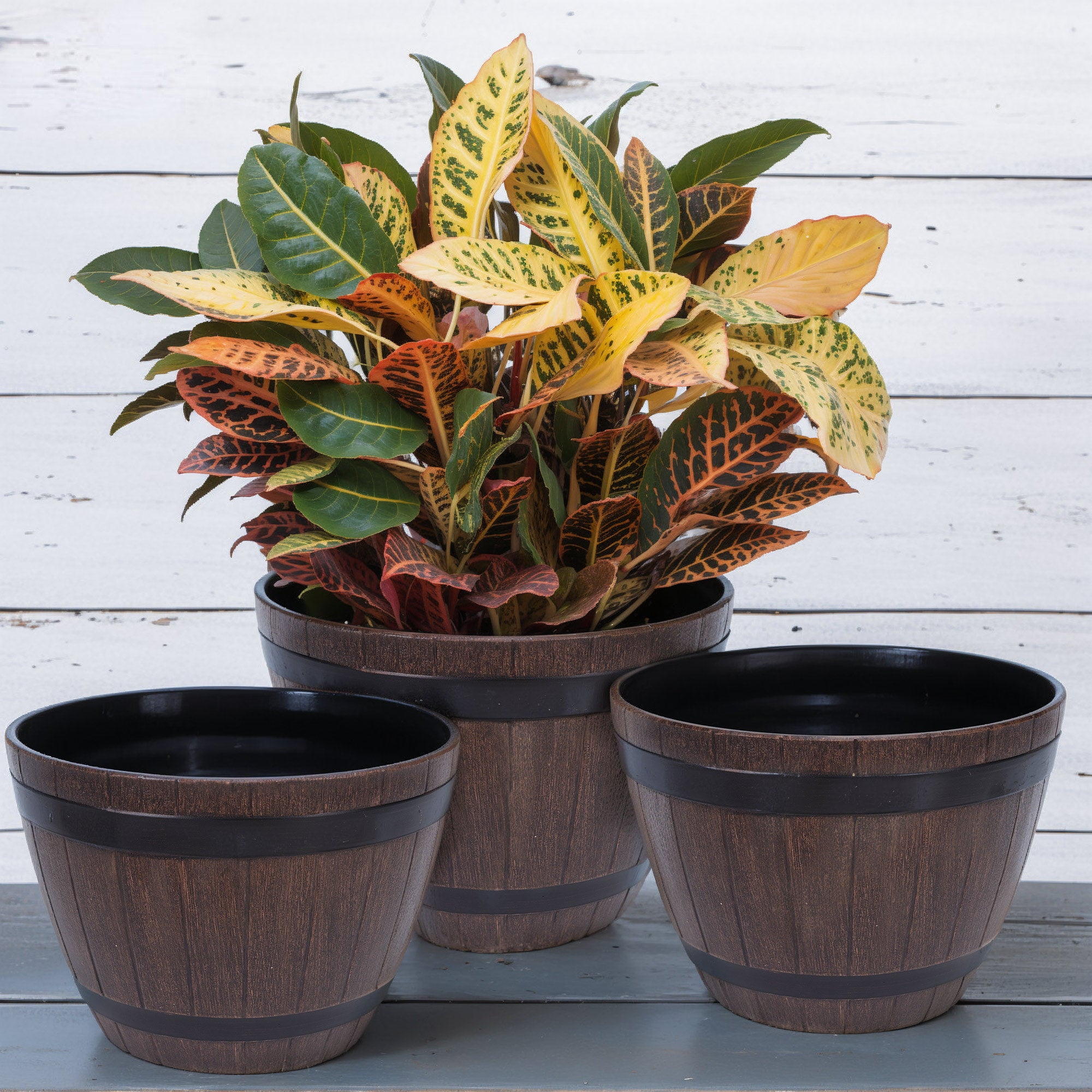 VECELO 3 Pack 13 inch Plant Pots, Whiskey Barrel Planters with Drainage Holes & Saucer, Plastic Imitation Wine Barrel Decoration Flower Pots, for Indoor & Outdoor Garden Home Plants, Brown