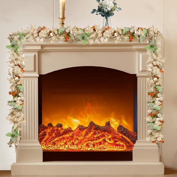 Guvpev 2Pcs Fall Garland with White Pumpkins Maple Leaves 9FT Fall Leaves Garland Fall Decorations Thanksgiving Garland for Outdoor Indoor Harvest Mantel Fireplace Table Centerpiece Halloween Decor