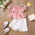 thumbnail image 2 of Mercatoo Toddler Girls Summer Outfit Puff Sleeve Floral Ruffle Tulle Tops and Shorts Clothes Set Kids Party Clothing, 2 of 9