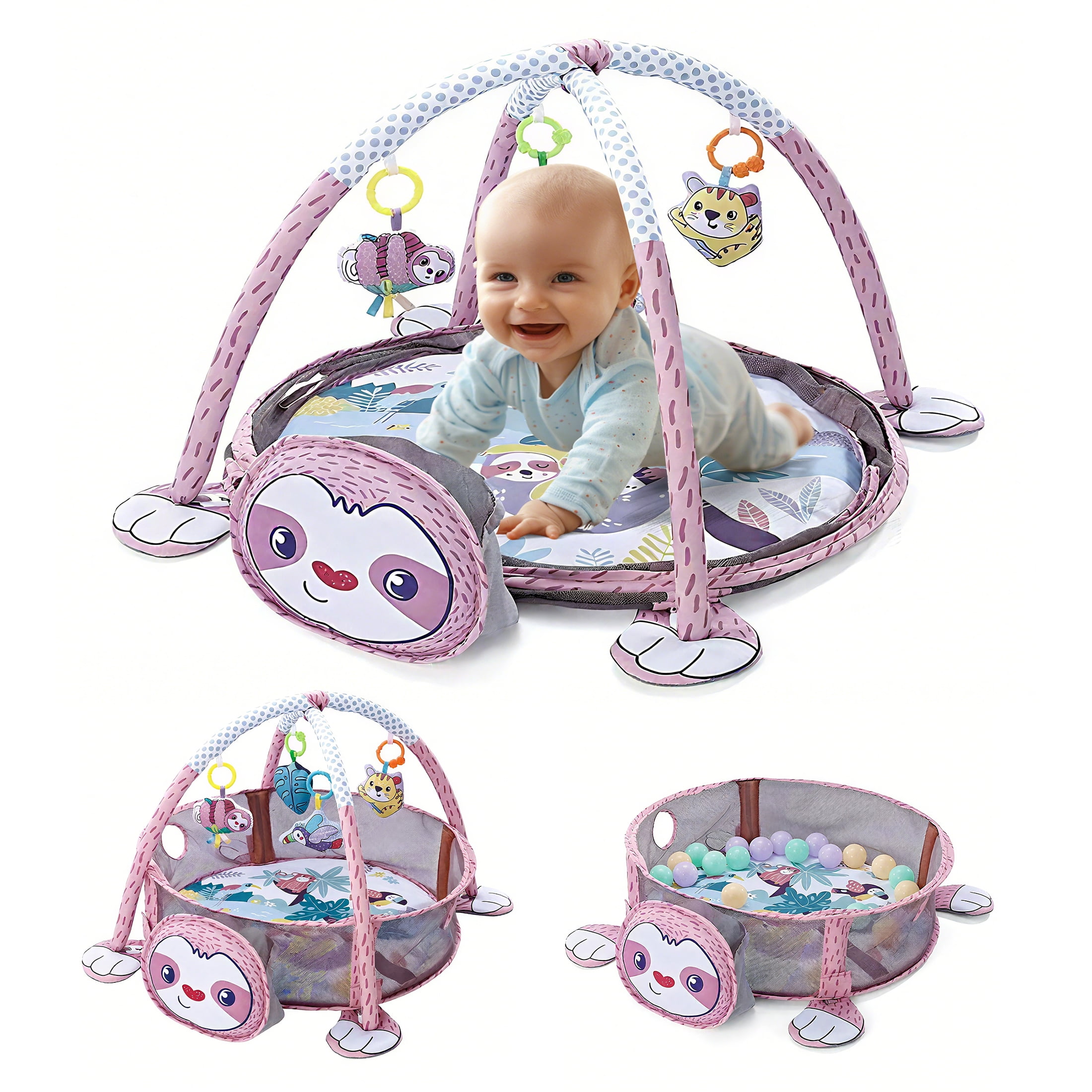 KOPPOP Baby Play Gym 3-in-1 Activity Mat with Hanging Toys, Ocean Balls & Koala Storage Bag for Newborns