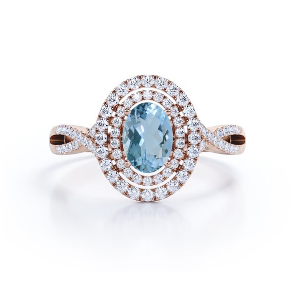 Dual Halo Design - 1.35 Carat Oval Shaped Light Blue Created Aquamarine And Moissanite - Pave Infinity Engagement Ring - 18K Rose Gold Plating over Silver