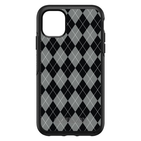 DistinctInk OtterBox Symmetry Custom Case for Apple iPhone 15 (6.1" Screen) - Black Grey White Argyle - Wireless Charging Compatible