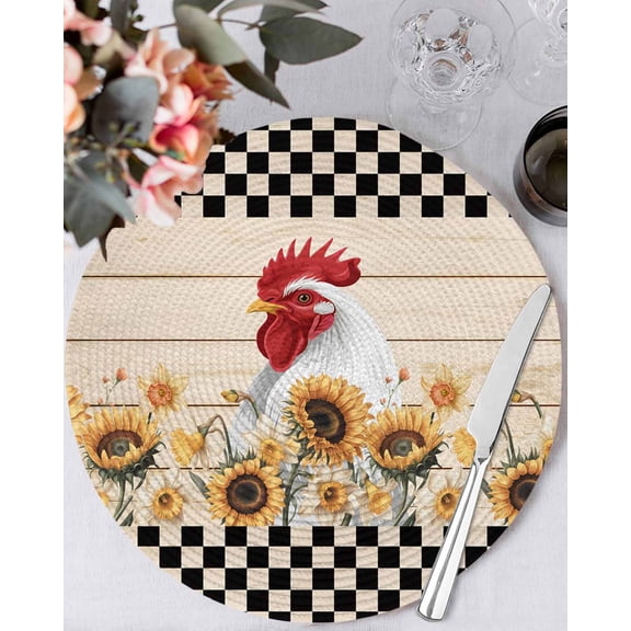 13 Inch Round Placemats Set of 6, Sunflowers Rooster Non Slip Heat Insulation PP Table Mats, Farmhouse Vintage Beige Wooden Plaid Washable Place Mats for Kitchen Dining Party Table Decor