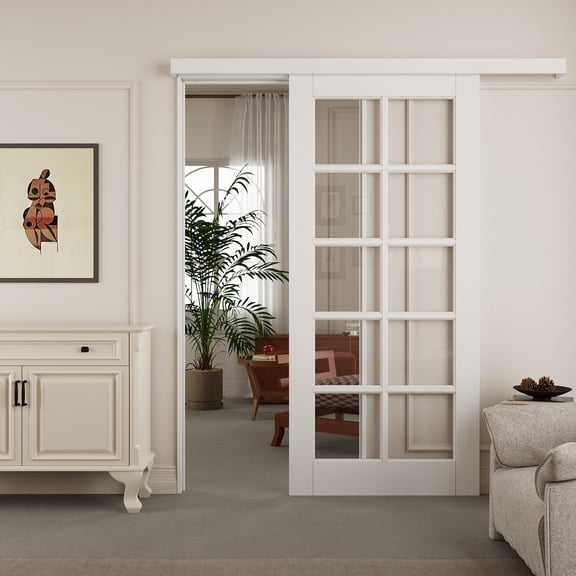 36" x 80" Hidden Style Track 10-Lite Clear Glass Sliding Barn Door With Hardware Kit(No Assembly Required)