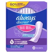 Always Discreet Adult Incontinence Pads for Women, Ultimate Absorbency, Long Length, Postpartum Pads, 45 Count
