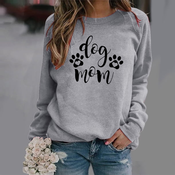 Puntoco Mujeres Casual Manga Larga Perro Pata Impresión O-Cuello tops Camisa Blusa Pullover Puntoco Puntoco-4472
