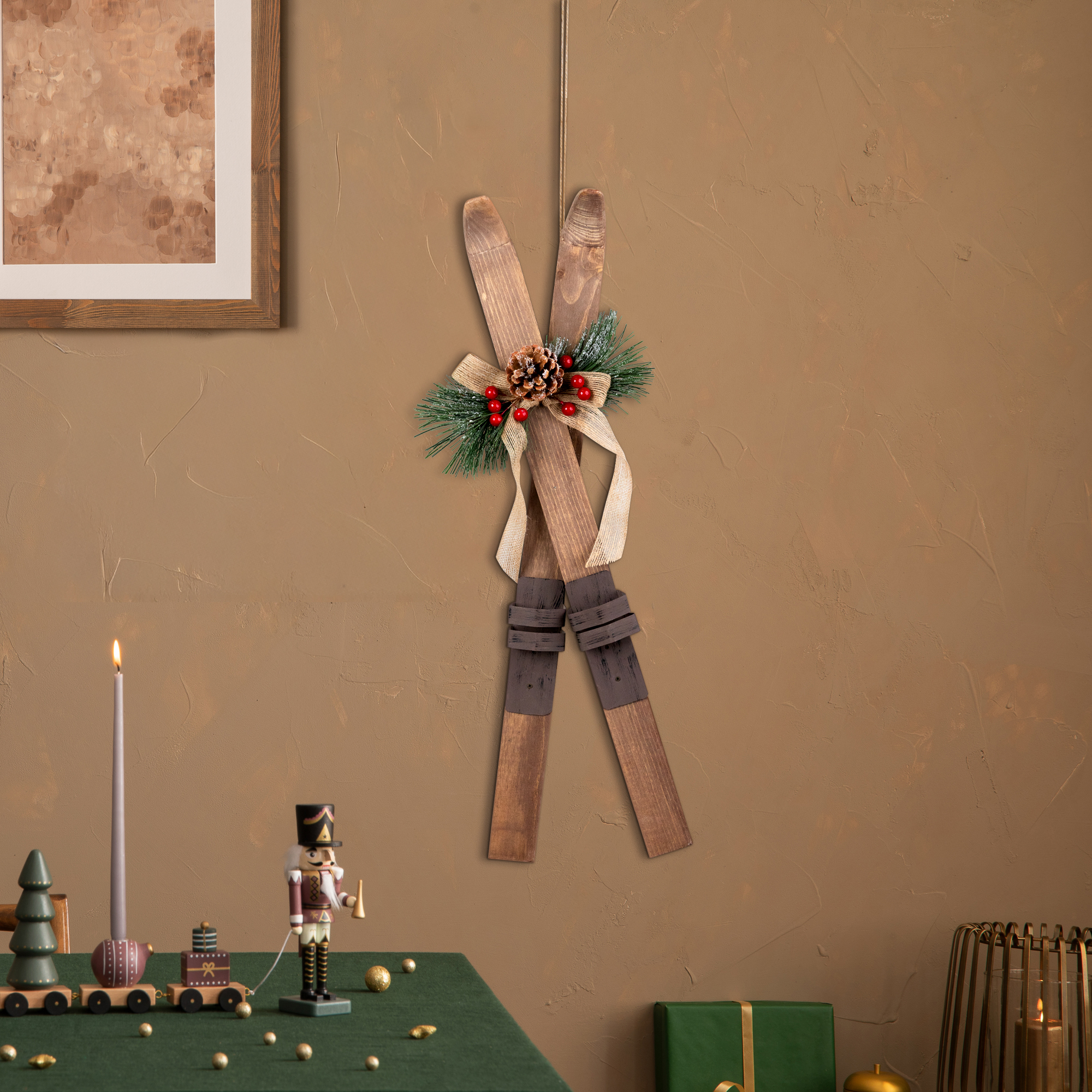 Snow Skis with Burlap Bow Wooden Christmas Decoration - 23.5"