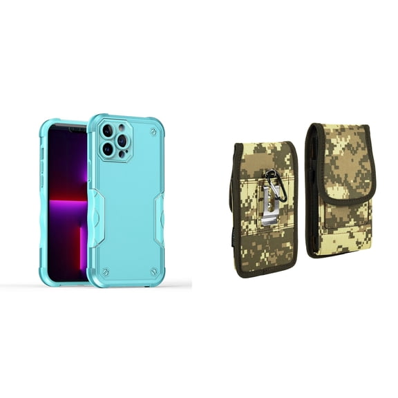 Case with Belt Holster Bundle for iPhone 14 Pro Max: Slim EX Hybrid Series Shockproof Case (Teal) and Vertical Rugged Nylon Phone Pouch (Digital Camo)