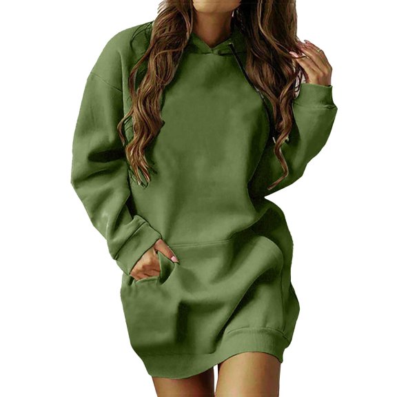 Dyfzdhu Hoodies Trendy Dress Fall Solid Color Long Sleeve Mini Dresses With Pocket Comfy Soft Classic T Shirt Dresses Hoodies For Women