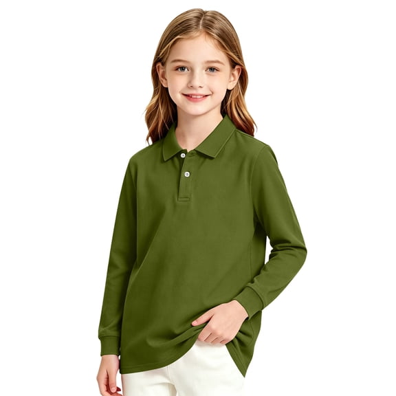 Kids Long Sleeve Polo Shirt Girls School Uniform Solid Color Top Classic Fit Casual Button Everyday Wear Spring Fall Active
