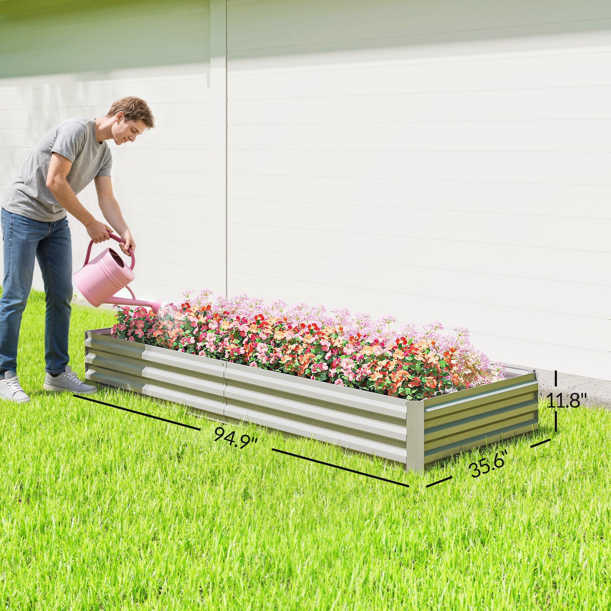 Outsunny 95" x 36" x 12" Galvanized Raised Garden Bed, Metal Elevated Planter Box, Easy DIY and Cleaning for Growing Flowers, Herbs, Silver