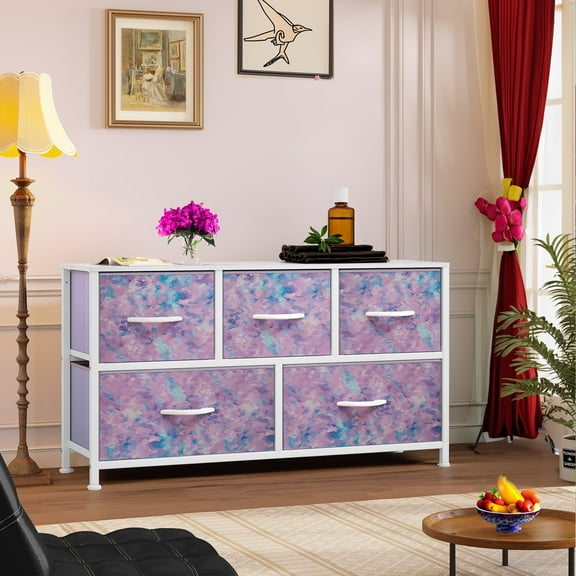 Wide Storage Tower with 5 Drawers - Fabric Dresser, Organizer Unit for , Living Room, Closets - Sturdy Steel Frame, Easy Pull Fabric Bins & Wooden Top (Tie-dye Purple)