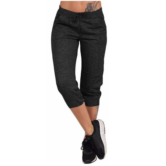 Capris Joggers for Women Wide-Leg Pant Leg Cut Juniors Size Polyester Ladies Plus Size Cropped Pants Capris Pants Style C-88 Black S