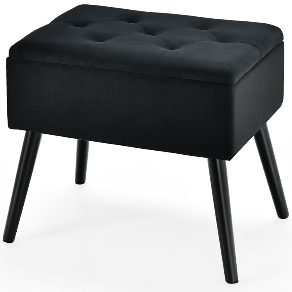 Finihen Velvet Storage Ottoman, Storage Foot Rest, Upholstered Footrest Stool, Velvet Footstool with Solid Wood Legs, for Makeup Room, Living Room, Bedroom, Black