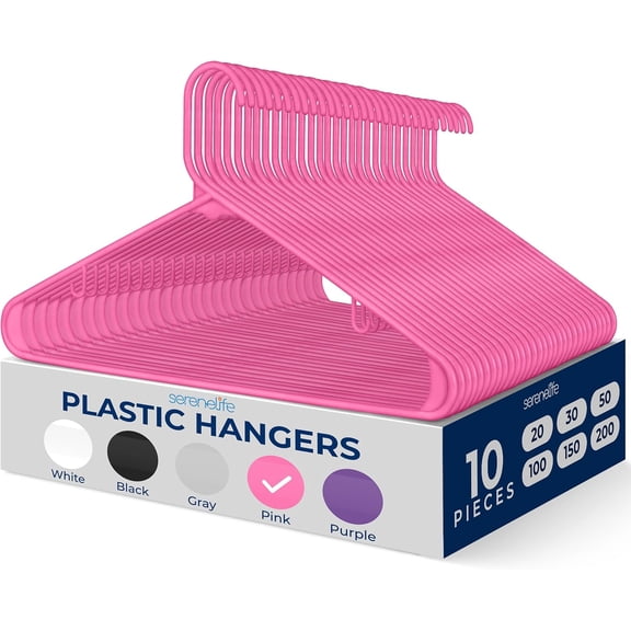 10 Pcs. Plastic Hangers - Non-Slip, Sturdy, and Heavy Duty Coat Set with 360° Swivel Hook for Clothes (Pink)
