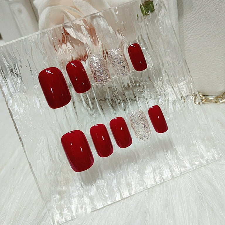 False Nail Salon Set Medium Length Wine Red Nail with Glitter for Daily  Lives Everyday Use 