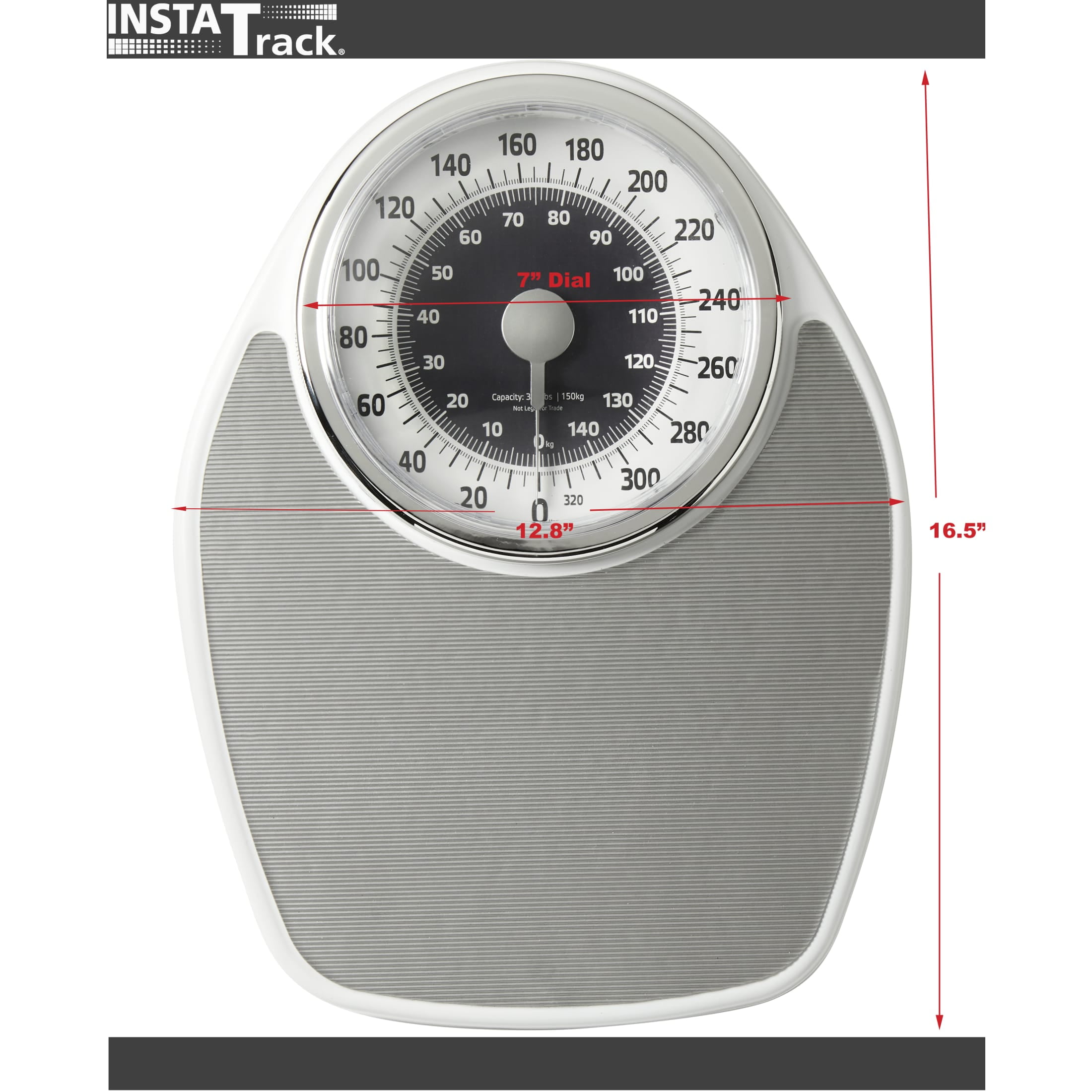 InstaTrack Large Dial Metal Analog Bathroom Scale with Silver Mat, Accurate Measurements up to 330 Pounds, Battery Free
