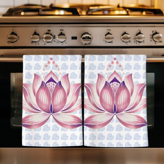Pink Lotus Flowers Kitchen Towels Set of 2, Classic Love Heart Leaves Blue Absorbent Dish Towels for Kitchen, Microfiber Hand Towel, Quick Drying Tea Towel for Cleaning Decorative Dishcloths