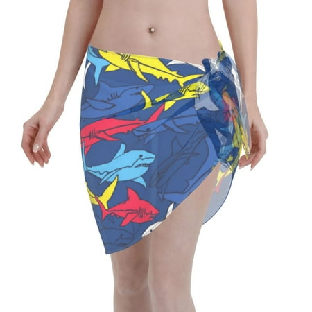 Disketp Cartoon Shark Women Swimsuit Cover Up Short Chiffon Summer Beach Sarong Bikini Wrap Skirt Bathing Suit
